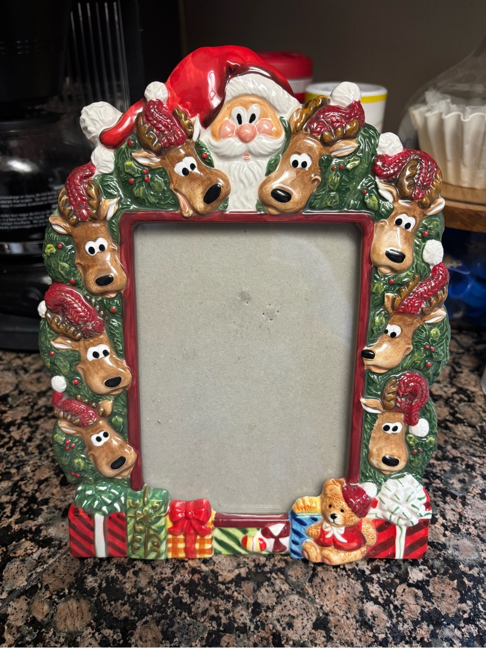 Fitz and Floyd Red, Green & White Santa and Reindeer Holiday Photo Frame 5x7